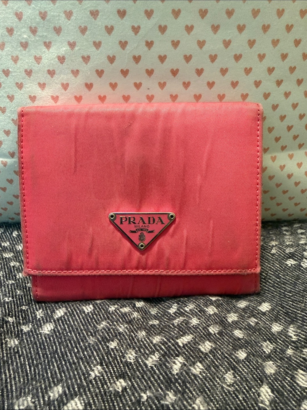Prada Coral Pink Nylon Triangular Logo Compact Wallet